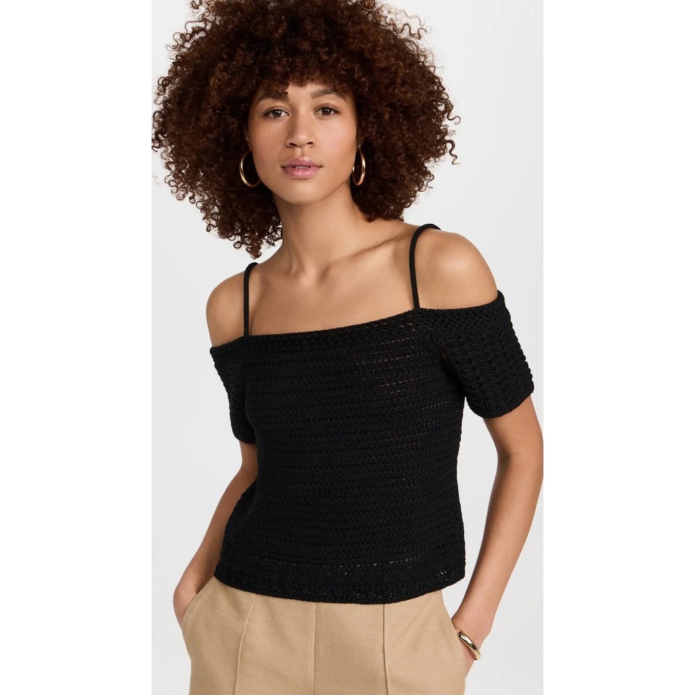 NEW Vince Cold Shoulder Crochet Top Knit Short Sleeve Black Blouse Size Small